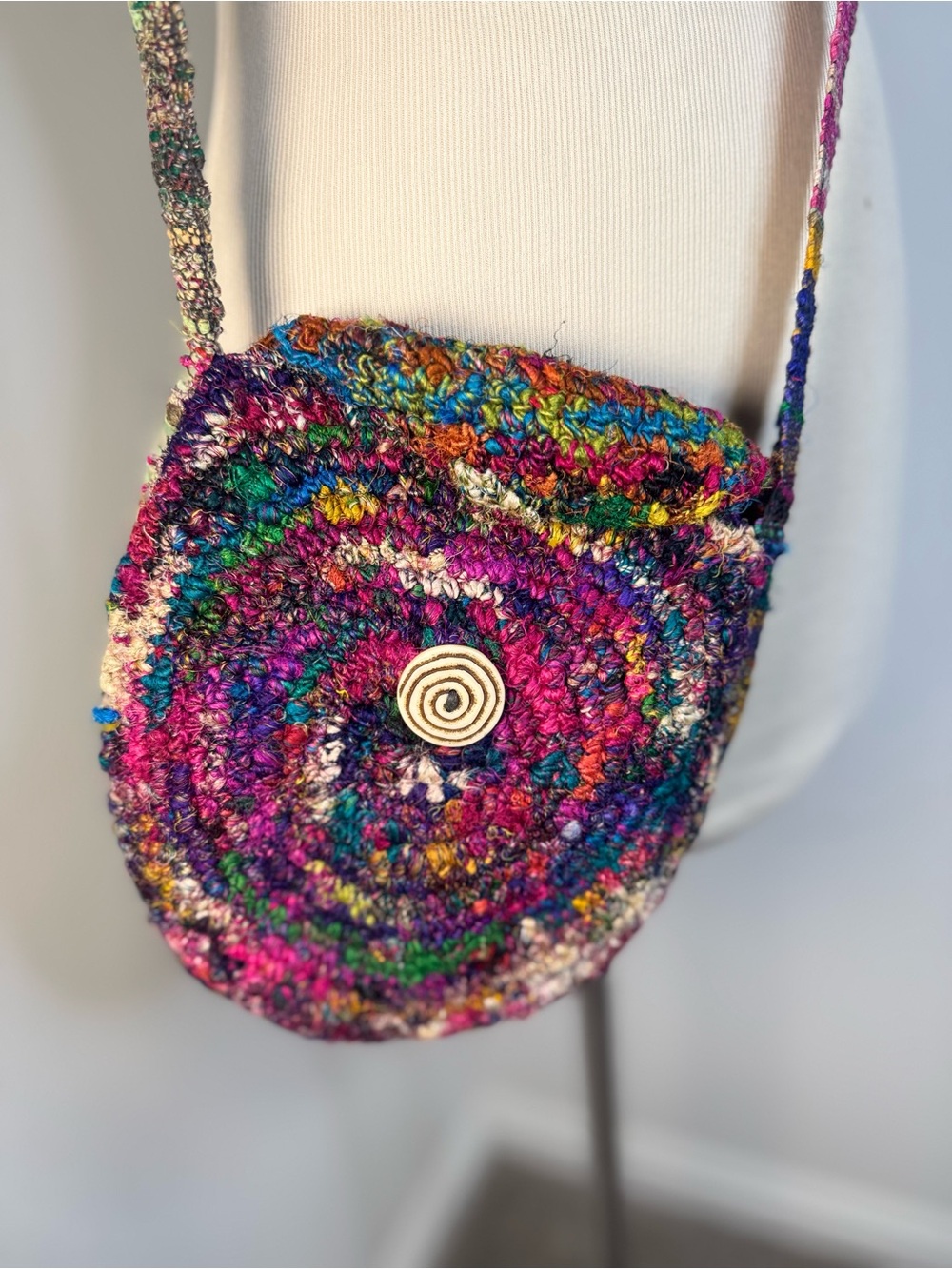 Silk Blend Bohemian Multicolor Crochet Crossbody Bag - Handcrafted Accent